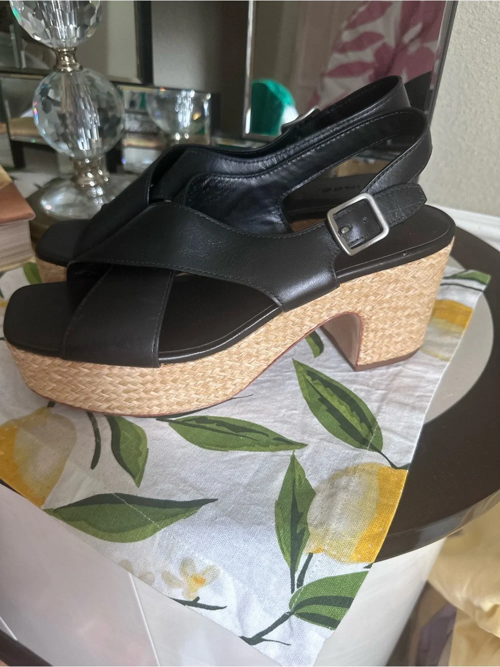 Vince Black Leather Crisscross Slingback Wedges